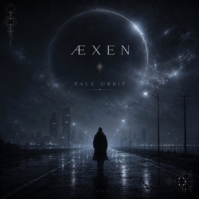 Cover artwork for AEXEN — PALE ORBIT: a rain-lit road below a vast dark orbital sky.